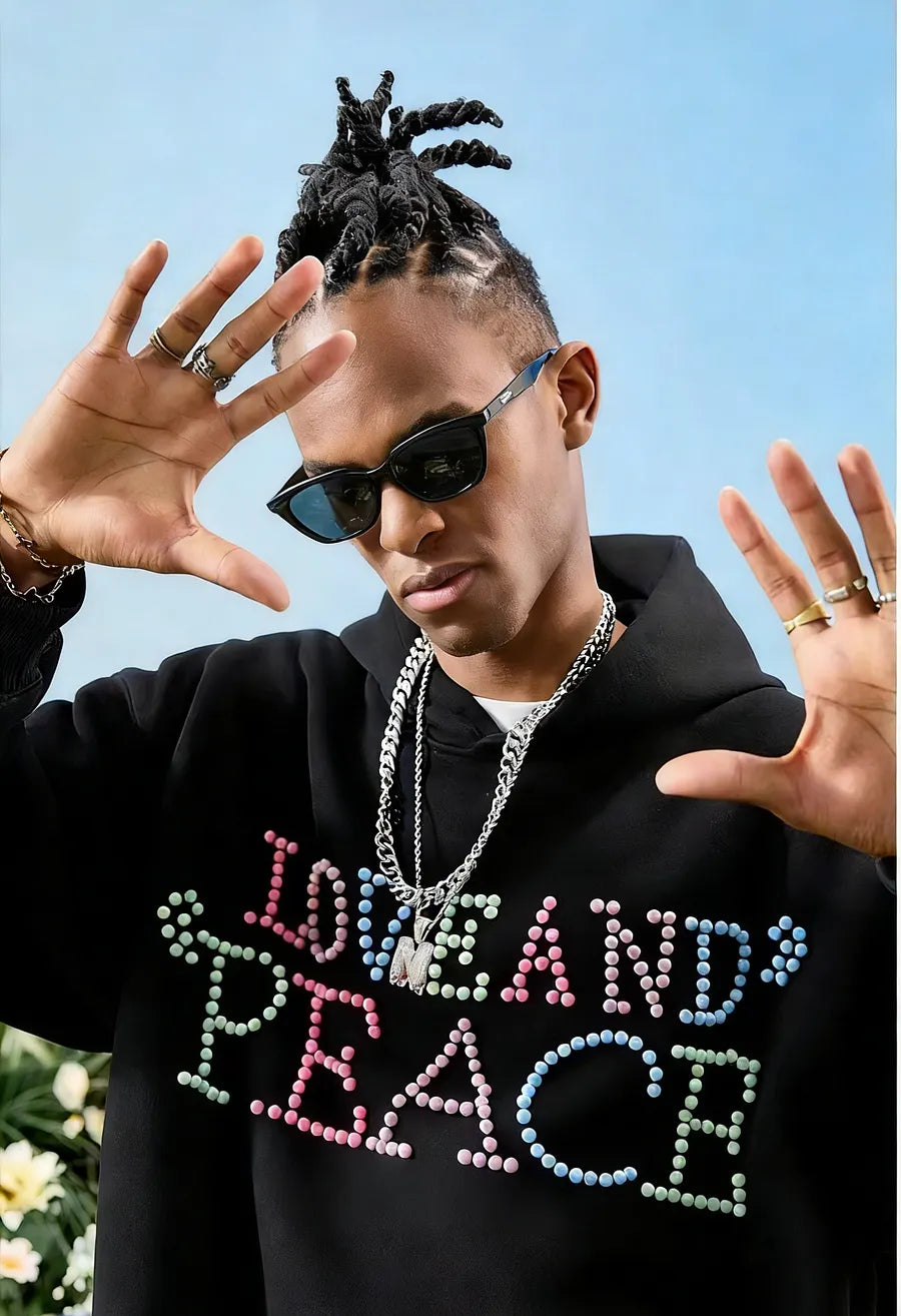 VINESU a38 - Pearl-Embellished "LOVE AND PEACE" Graphic Hoodie, Y2K Aesthetic Pullover