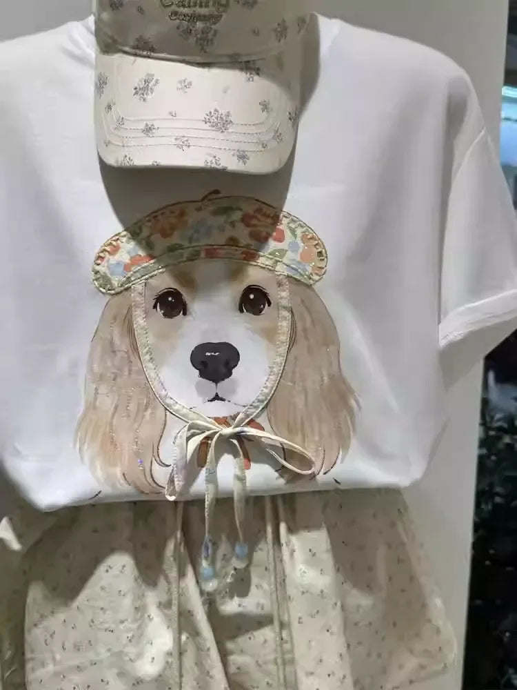 A119 - Vintage French Style Dog Tee - 220g Pure Cotton with Floral Beret Patch & 3D Ribbon Detail