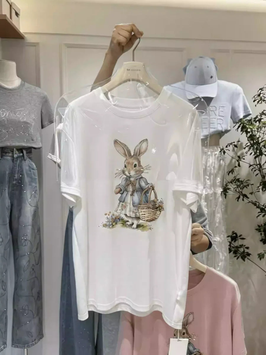 A136 - Oversized Rabbit Embroidery Tee - 220g Premium Cotton with Silver Bead Accents