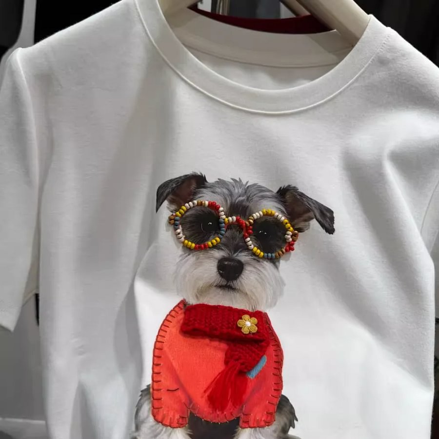 VINESU A50 220GSM Cotton Schnauzer Graphic Tee | Rhinestone Embellished Dog Print T-Shirt