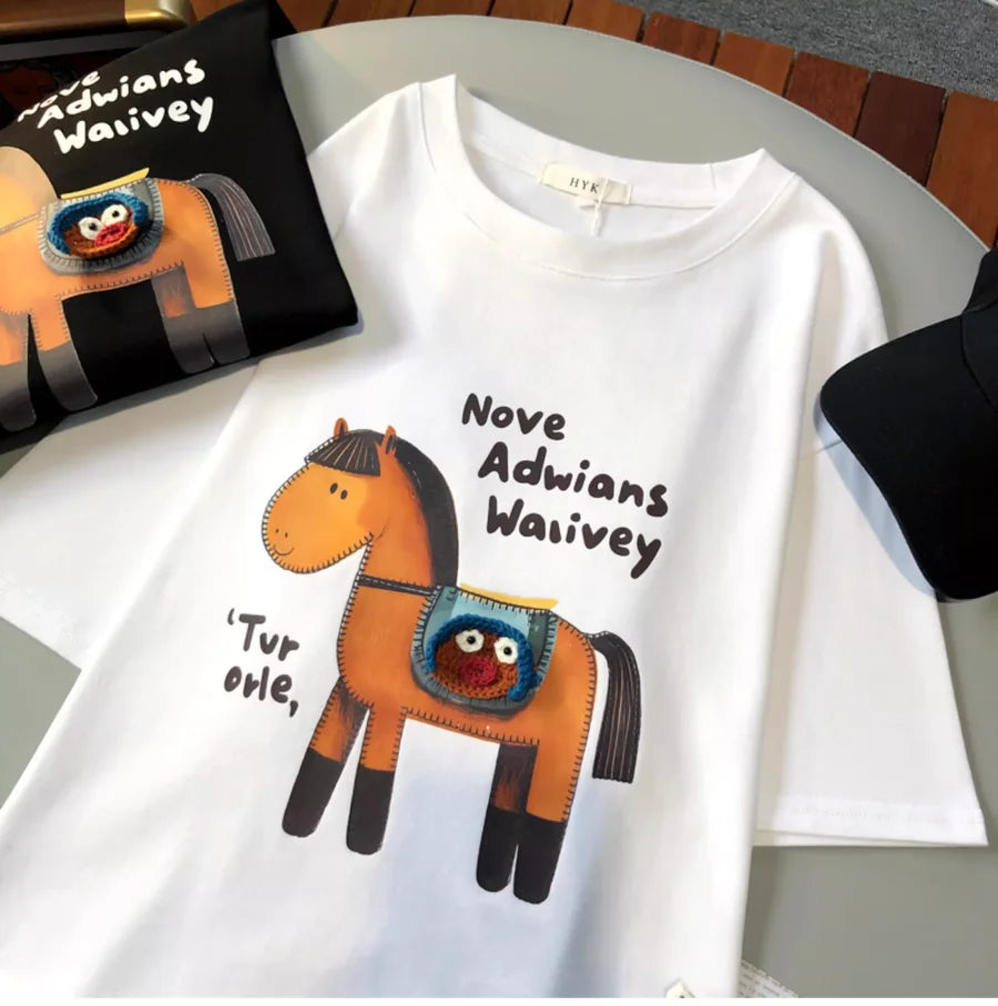 A110 - Artisan 3D Crochet Horse Graphic Tee - Hand-Knitted Detail & Premium Cotton, Boutique Style Embroidered Top