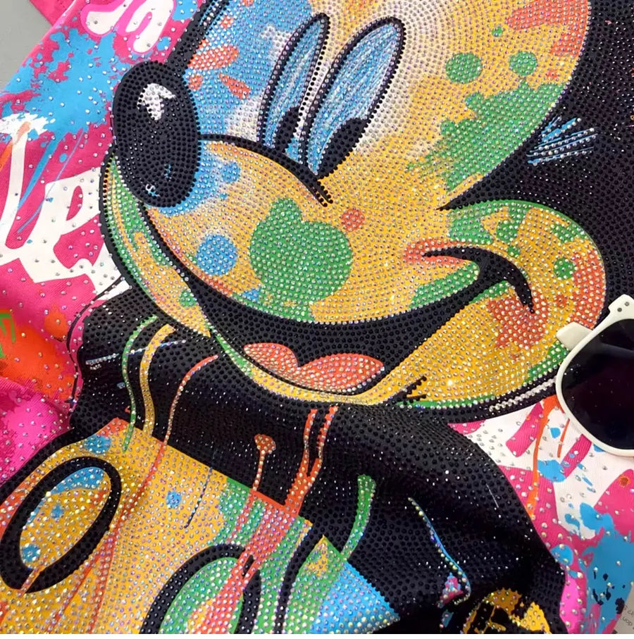 VINESU MK06 - Full Rhinestone Graffiti Mickey Oversized Cotton Tee