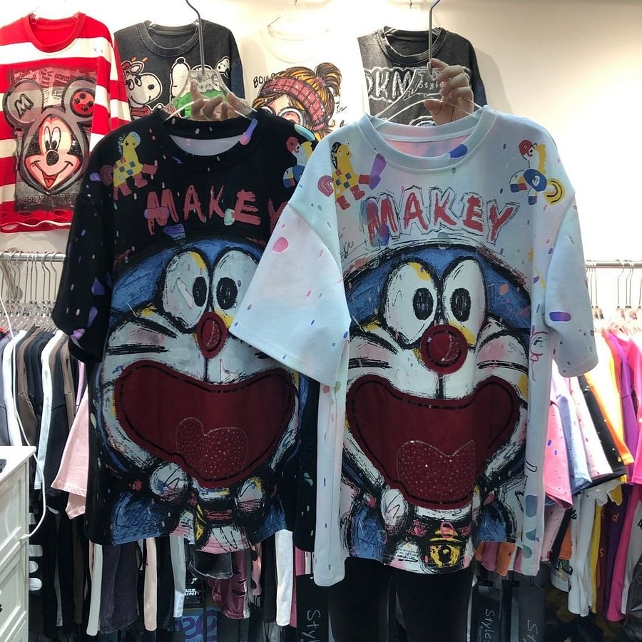 A161 - Luxury Doraemon Sequin Embroidered T-Shirt - 320g Ultra-Heavyweight Cotton Tee - Structured Oversized Boxy Fit Streetwear