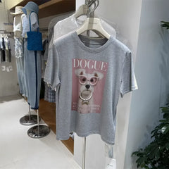 A116 - Premium 220 GSM Cotton Graphic Tee - "DOGUE" Schnauzer with Hand-Stitched Pearls & 3D Crystal Glasses