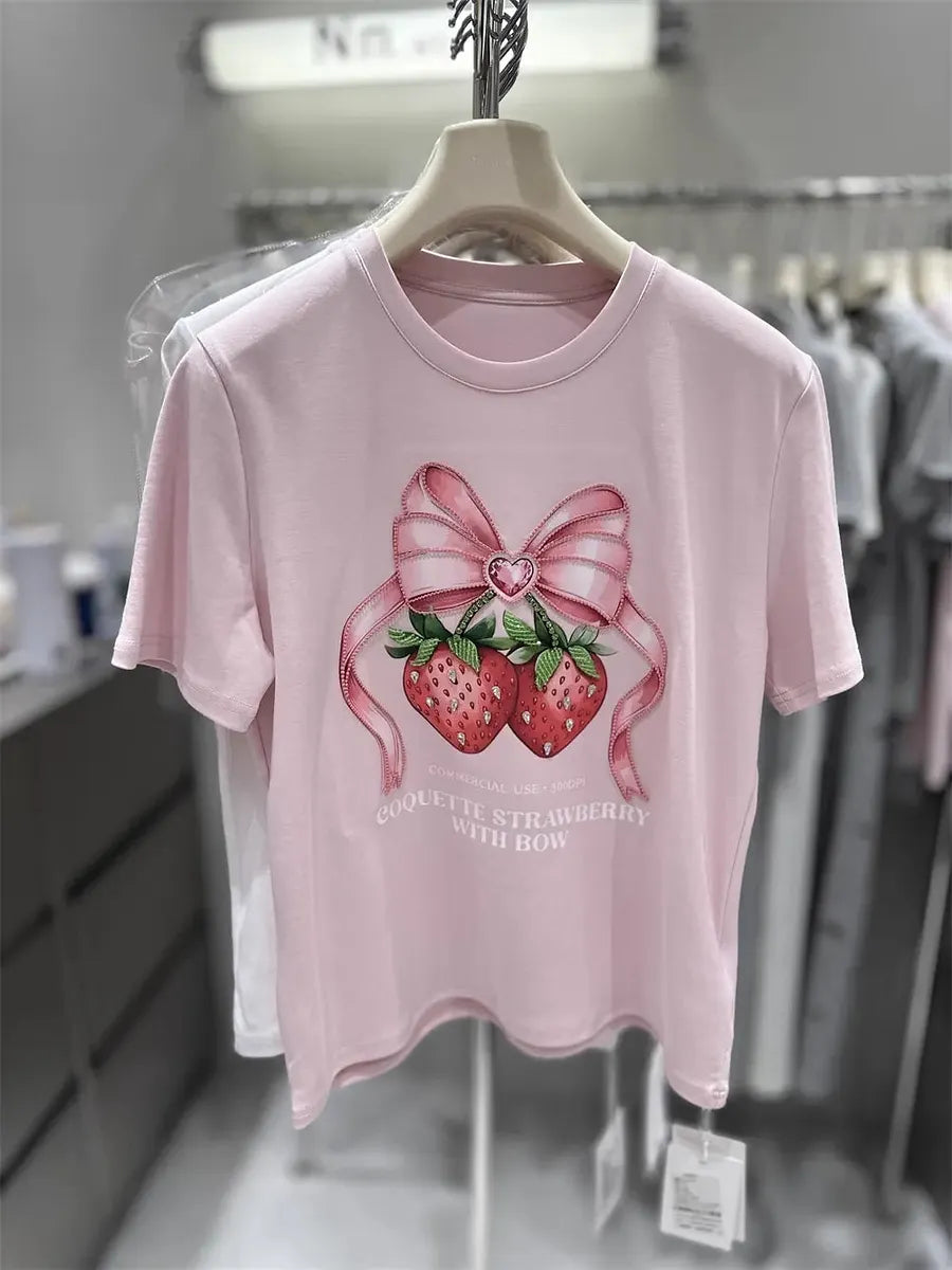 VINESU Strawberry Diamond-Embellished Heavyweight Cotton Tee