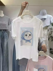 A125 - 220g Heavyweight Cotton Kawaii Cat Graphic T-Shirt - 3D Hand-Crocheted & Beaded Bandana Detail - Premium Boutique Aesthetic Tee