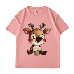 VINESU Y451 - 3D Beaded Reindeer Vintage Washed Short Sleeve Tee