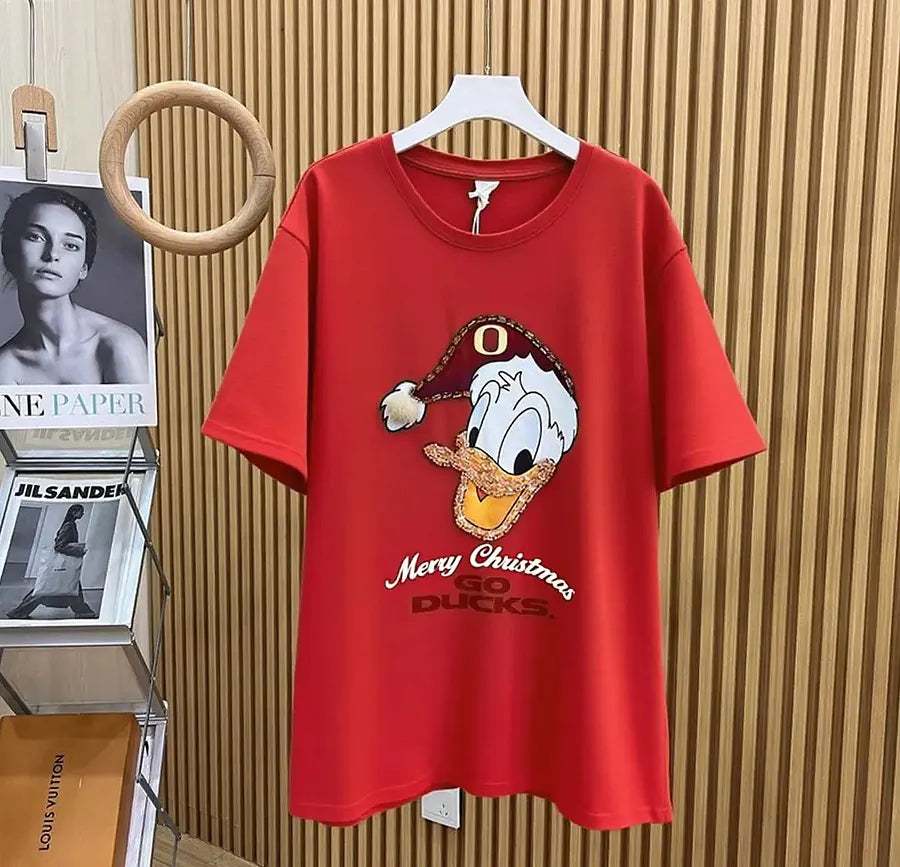 VINESU Full of Festive Feel! Donald Duck Rhinestone Christmas T - shirt