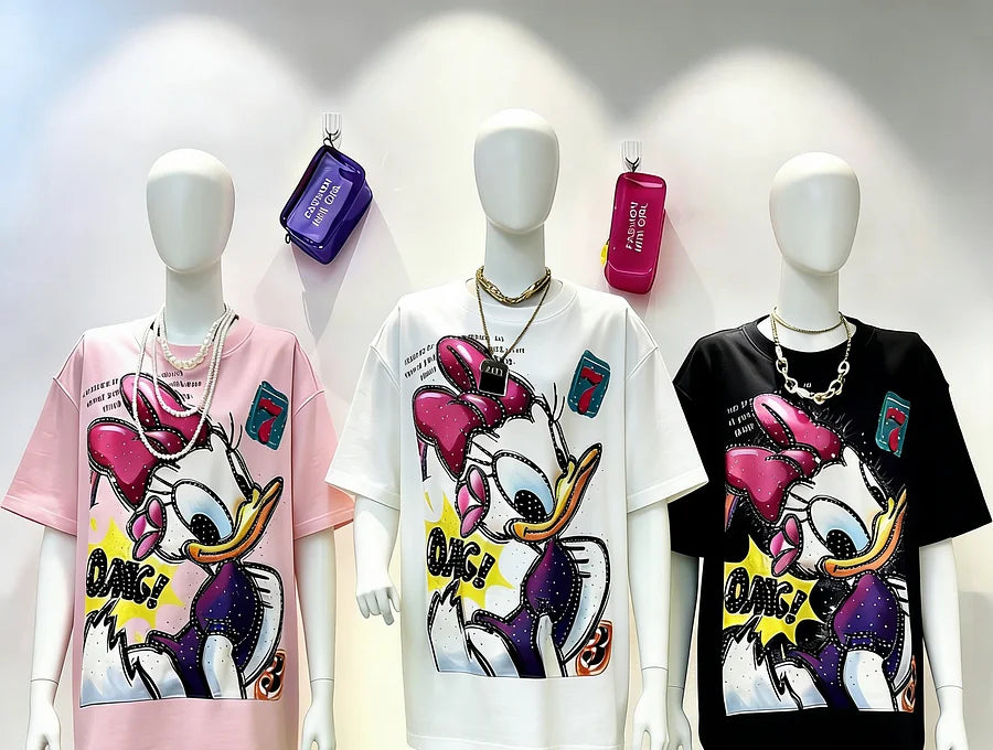VINESU MKT03 - Daisy Duck Hand-Rhinestoned T-Shirt - 220GCotton