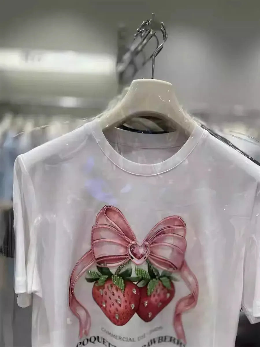 VINESU Strawberry Diamond-Embellished Heavyweight Cotton Tee