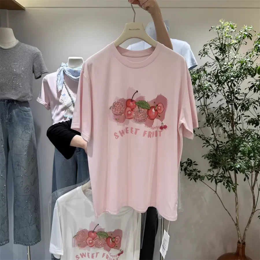 A134 - Heavywork Cherry Tee: 220g Organic Cotton | 3D Hand-Stitched Crystal Beads | Summer 2026 Edition