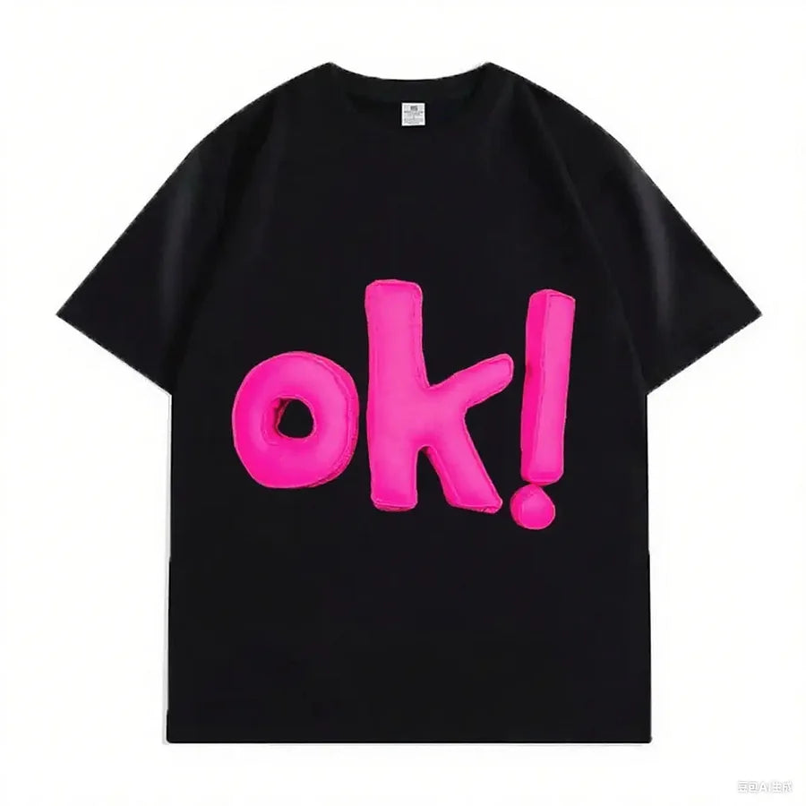 VINESU OK! Letter 3D - Decorated White T-shirts 💗 Unlock Casual Trendy Vibe-Pink