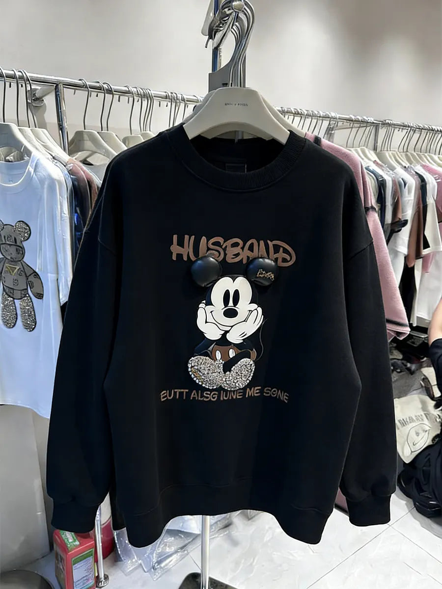 VINESU Rhinestone Retro Cartoon Sweatshirt - 3D Bling Design, Sweet-Cool Street Style