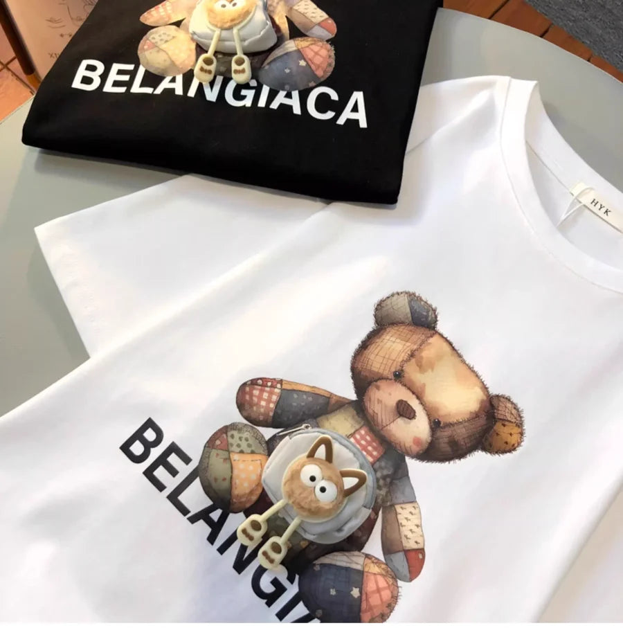 A144 - 3D Mini Pouch Patchwork Bear T-Shirt - 220g Heavyweight Pure Cotton