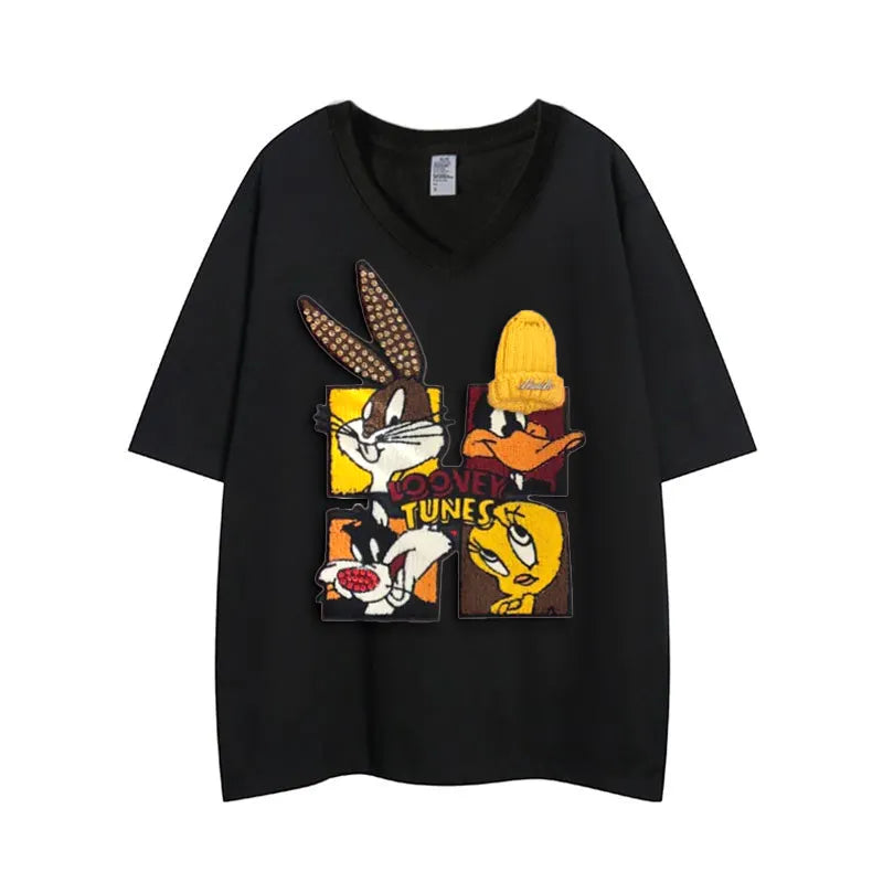 VINESU Looney Tunes 3D Accent V-Neck Tee | Playful Casual Versatile Top