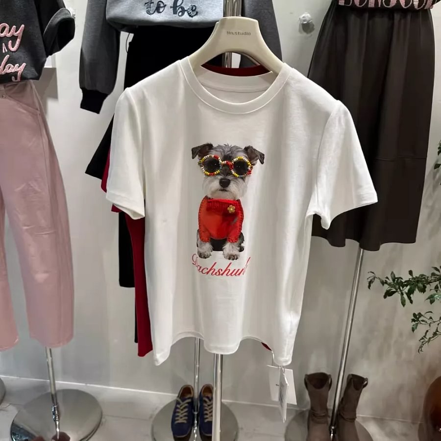 VINESU A50 220GSM Cotton Schnauzer Graphic Tee | Rhinestone Embellished Dog Print T-Shirt