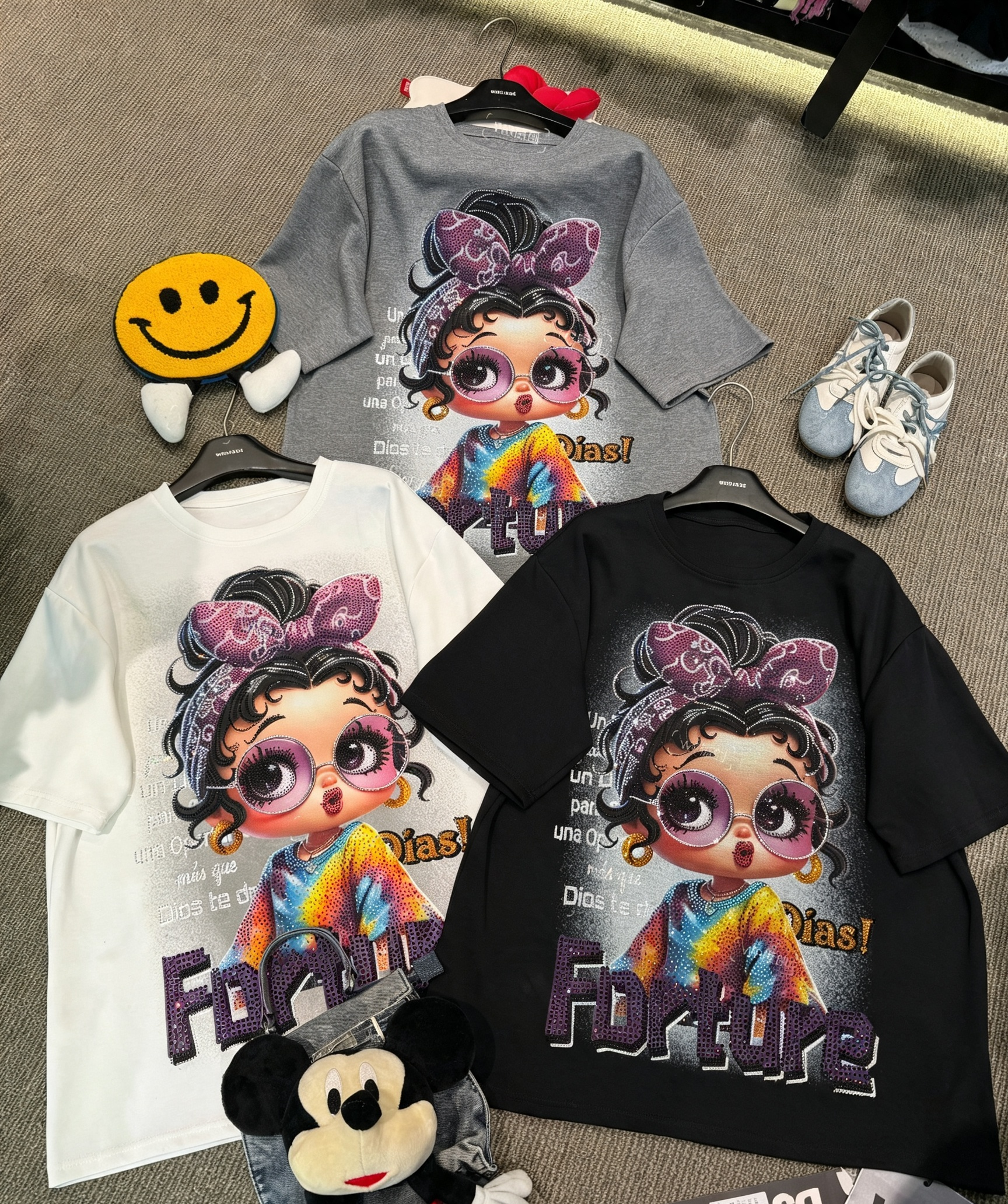 R17 - Y2K Sparkle Chibi Betty Boop Graphic Tee - Bling Hot-Fix Rhinestone Pure Cotton Loose Top