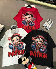 R9 - Oversized Cotton Crewneck T-Shirt with Bling Rhinestone Retro Betty Boop Print