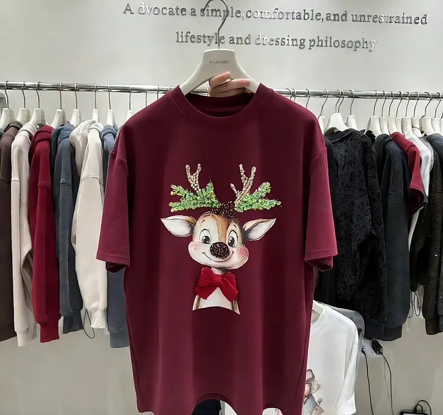 VINESU A02 - Reindeer Rhinestone & Bead Embellished 220g Cotton Tee