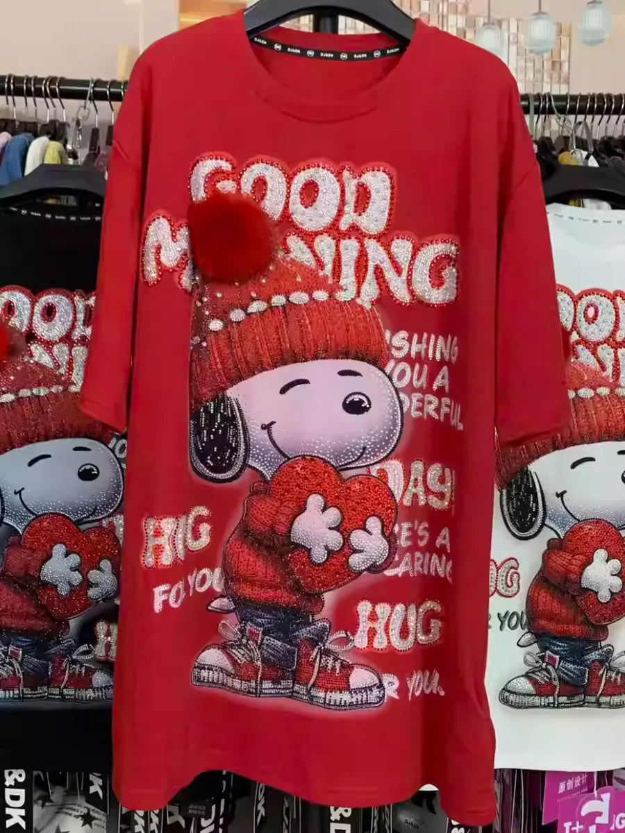 VINESU A47 - Luxury 320g Heavyweight Cotton Snoopy Tee - 3D Pom-Pom & Sequin Embroidery - Unisex Premium Streetwear