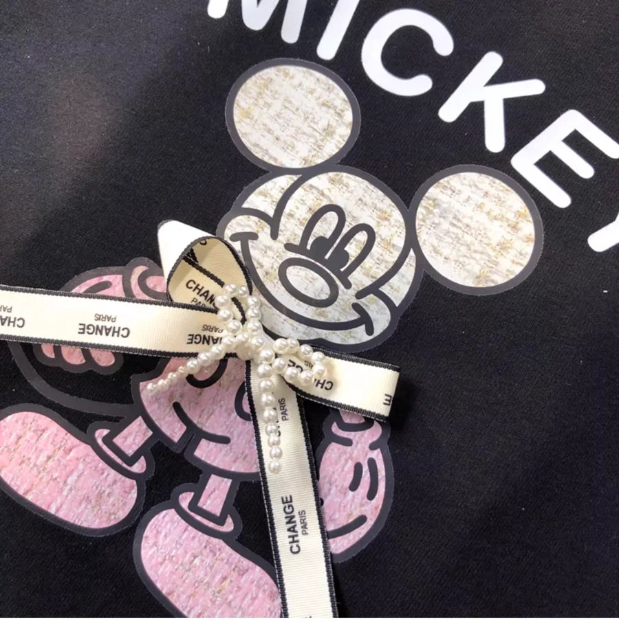 A143 - Luxury Handcrafted Pearl Ribbon Mickey T-Shirt - 220g Premium Heavyweight Cotton