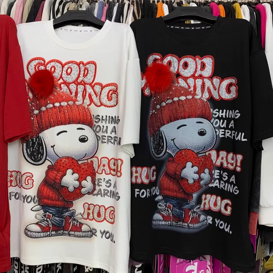 VINESU A47 - Luxury 320g Heavyweight Cotton Snoopy Tee - 3D Pom-Pom & Sequin Embroidery - Unisex Premium Streetwear