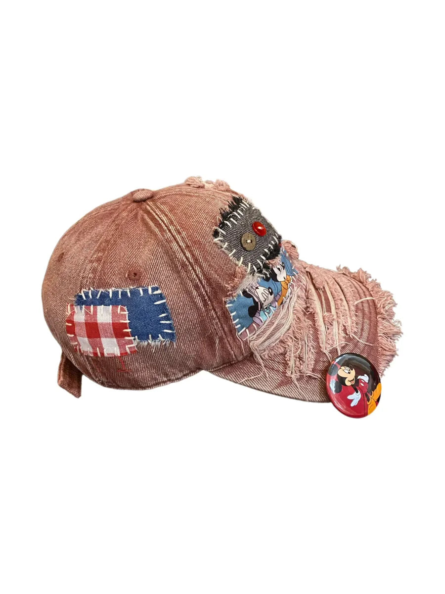 Vinesu H9 - Handmade Reworked Mickey&Minnie Patchwork Cap | One-of-a-Kind Distressed Vintage Aesthetic Hat ❤Dark red