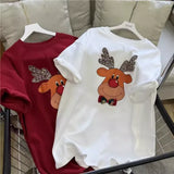 A81 - Christmas Reindeer Bowcore Tee | Hand-Beaded 3D Bow Aesthetic T-Shirt | Festive Coquette Top