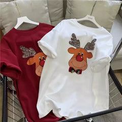 A81 - Christmas Reindeer Bowcore Tee | Hand-Beaded 3D Bow Aesthetic T-Shirt | Festive Coquette Top