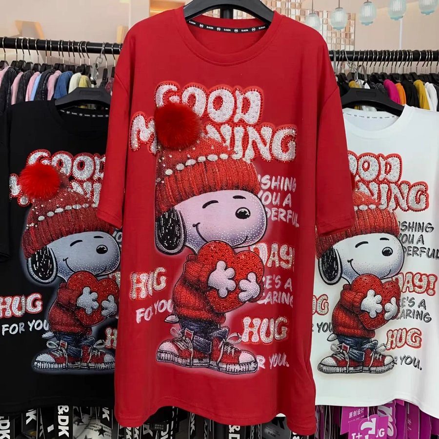 VINESU A47 - Luxury 320g Heavyweight Cotton Snoopy Tee - 3D Pom-Pom & Sequin Embroidery - Unisex Premium Streetwear