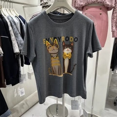 A105 - 220g Heavyweight Cotton Creative 3D Cat Graphic T-Shirt with Handmade Beaded Glasses & Bowtie - Premium Loose Fit Tee