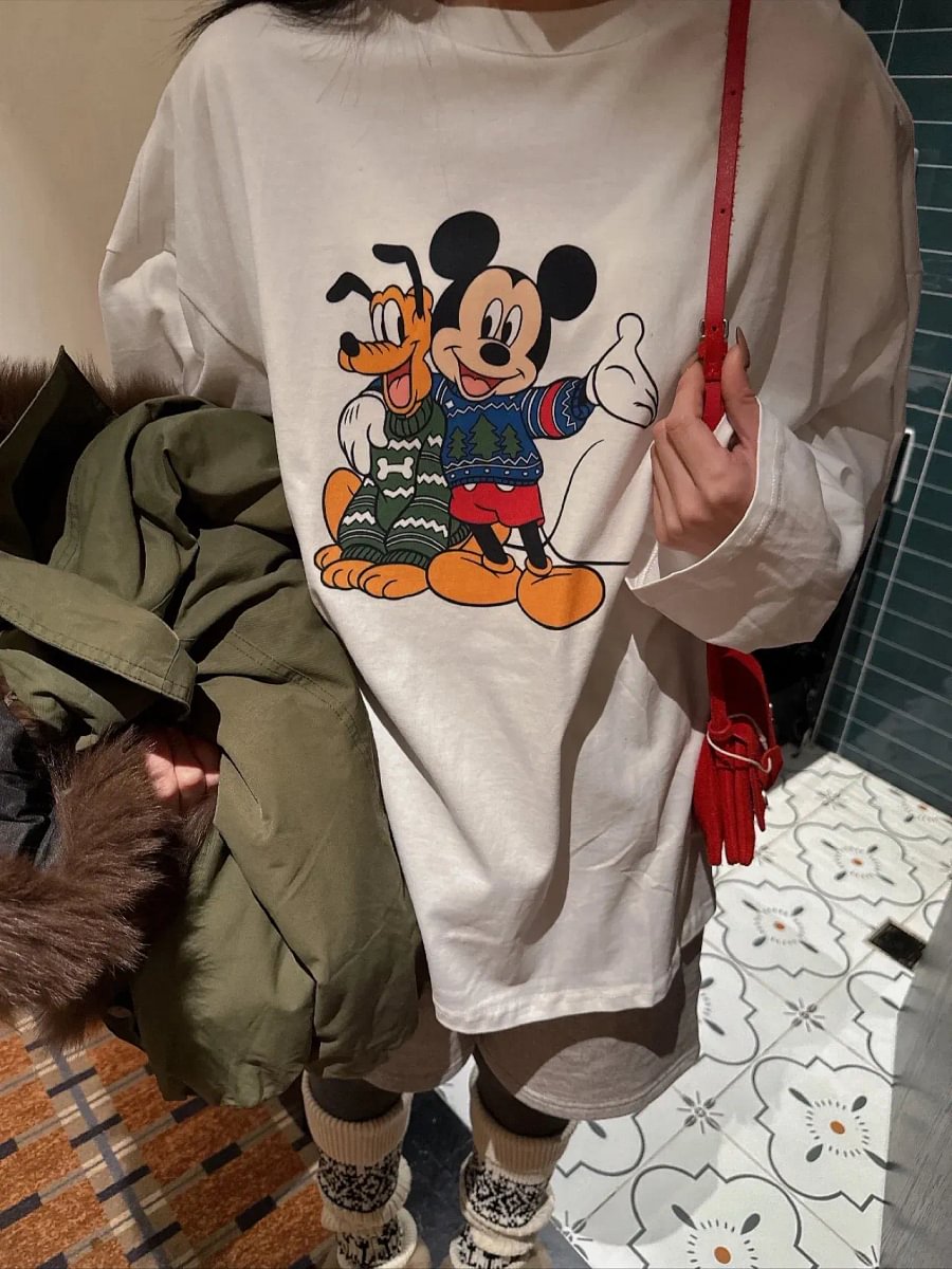 Vinesu A56 - Premium 100% Cotton Long Sleeve Graphic Tee - Cute Cartoon Mouse Print - Loose Fit Spring/Autumn Couple T-shirt in White