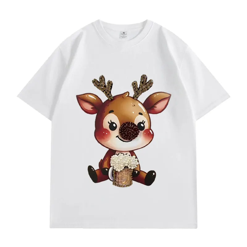 VINESU Y451 - 3D Beaded Reindeer Vintage Washed Short Sleeve Tee