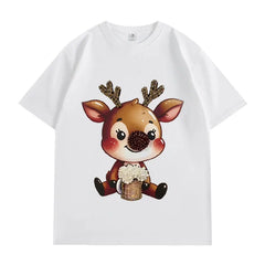 VINESU Y451 - 3D Beaded Reindeer Vintage Washed Short Sleeve Tee