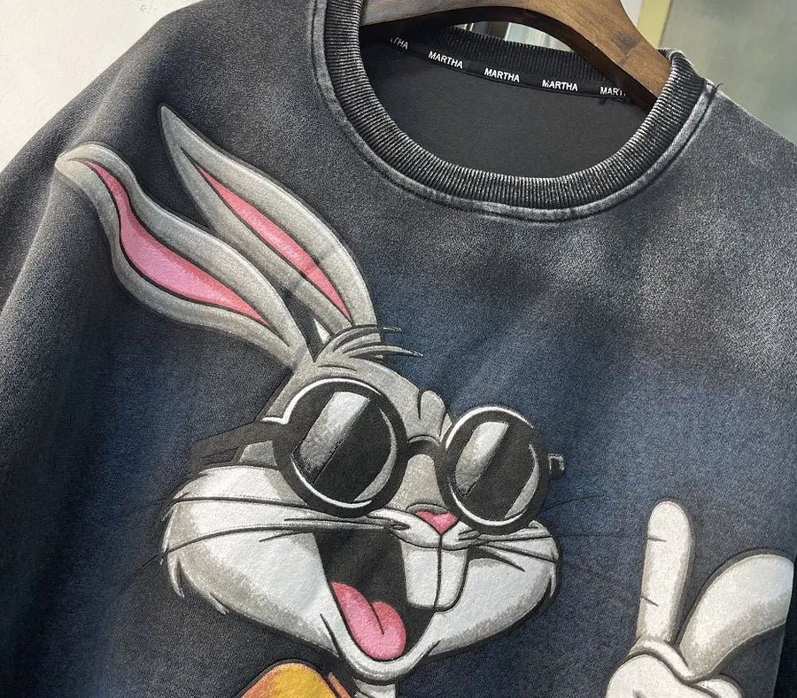 VINESU B01 - Vintage Washed Bunny Graphic Crewneck Sweatshirt