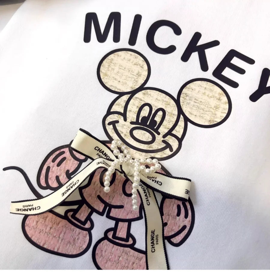 A143 - Luxury Handcrafted Pearl Ribbon Mickey T-Shirt - 220g Premium Heavyweight Cotton