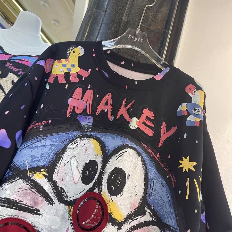 A161 - Luxury Doraemon Sequin Embroidered T-Shirt - 320g Ultra-Heavyweight Cotton Tee - Structured Oversized Boxy Fit Streetwear
