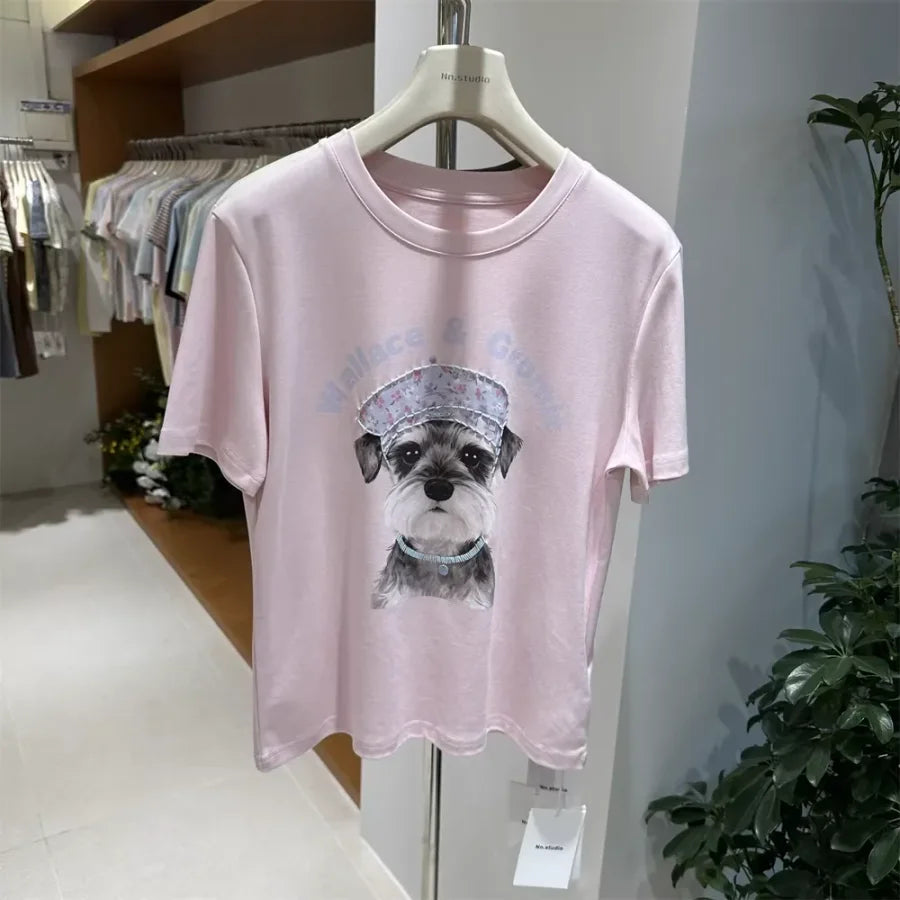 A124 - Wallace & Gromit Schnauzer Graphic T-Shirt - Floral Beret Dog Print Tee with Beaded Embroidery - Y2K Aesthetic Cotton Top