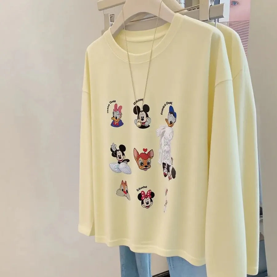 VINESU Navy Blue Vibe! Cartoon Printed Long-Sleeve T-Shirt with Style