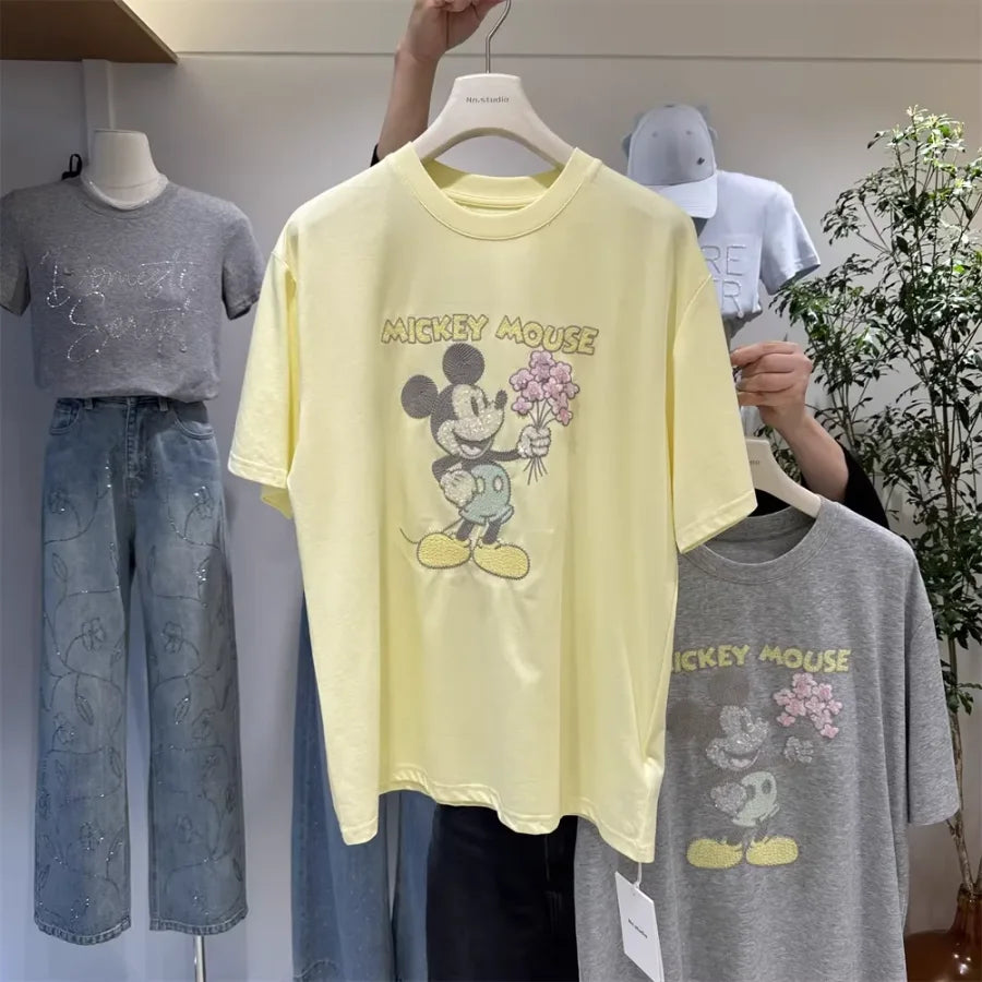 A138 - 2026 New Versatile Cotton Short Sleeve T-Shirt: Mickey Embroidery, Sequins, and 3D Flower Details