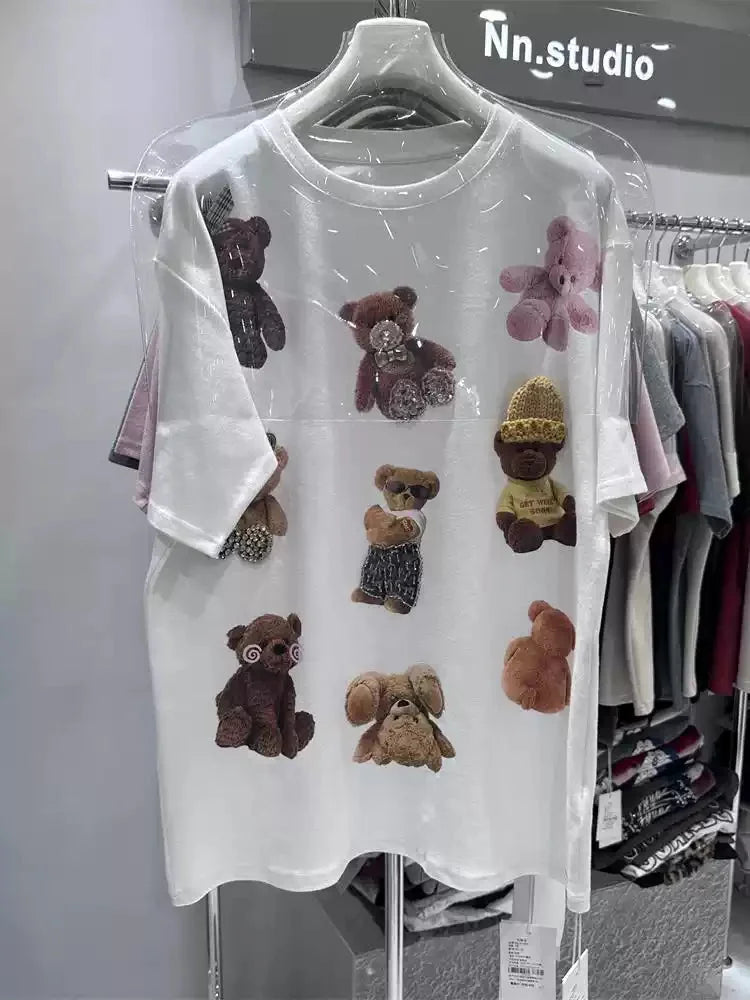 VINESU All-Over Teddy Bear Embroidery Heavyweight Tee