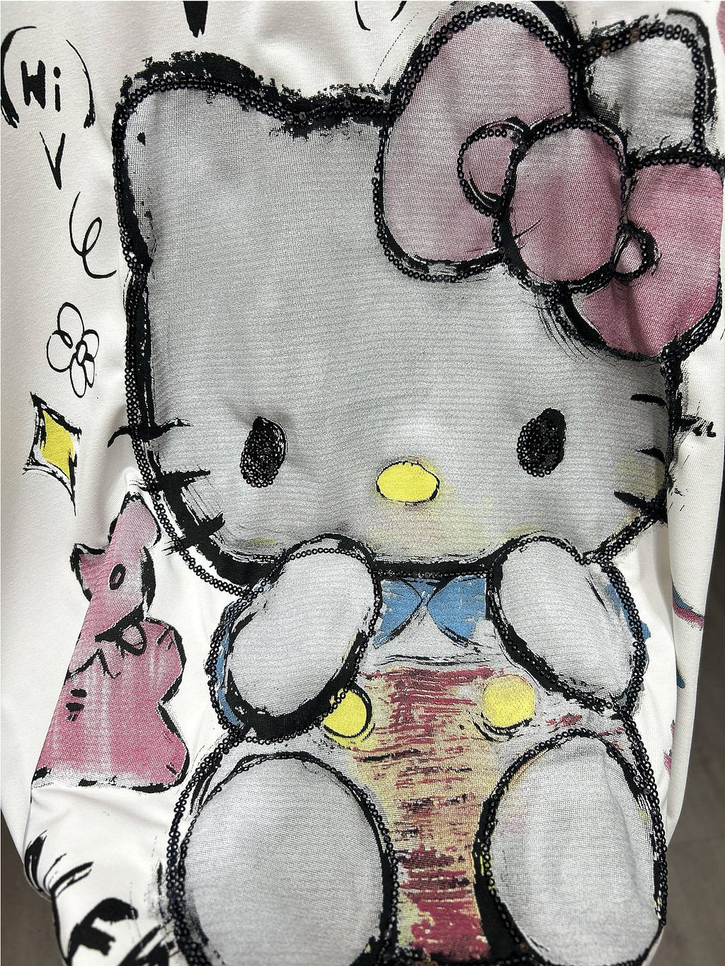 A167 - Hello Kitty Double-Sided Sequin Embroidered T-Shirt - 320g Ultra-Heavyweight Cotton - Oversized Slouchy Fit Luxury Tee