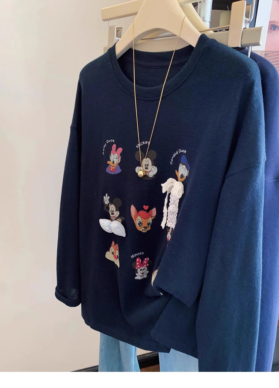 VINESU Navy Blue Vibe! Cartoon Printed Long-Sleeve T-Shirt with Style