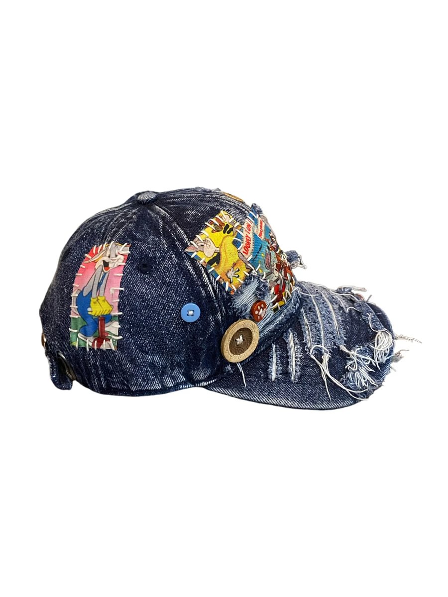 Vinesu H11 - Vintage BugsBunny Patchwork Distressed Baseball Cap | Handmade One-of-a-Kind Sun Hat💙Sea Blue
