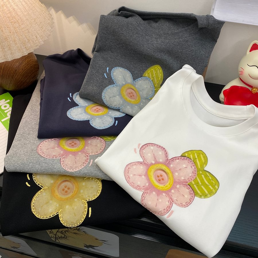 A187 - Embroidered Floral Graphic Tee - Hand-Finished Wildflower Detail - 220g Premium Heavyweight Cotton