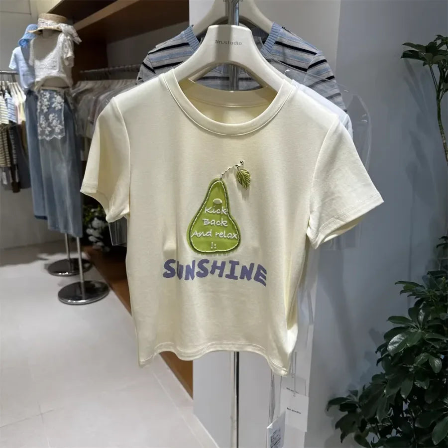 A118 - Premium 220 GSM Heavyweight Cotton Tee - Pear Graphic with Handmade Beaded Leaf & 3D Patch Embroidery