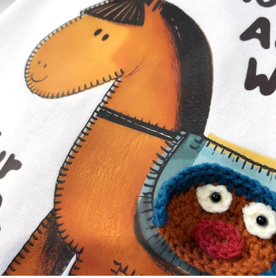 A110 - Artisan 3D Crochet Horse Graphic Tee - Hand-Knitted Detail & Premium Cotton, Boutique Style Embroidered Top