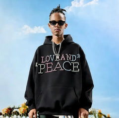 VINESU a38 - Pearl-Embellished "LOVE AND PEACE" Graphic Hoodie, Y2K Aesthetic Pullover