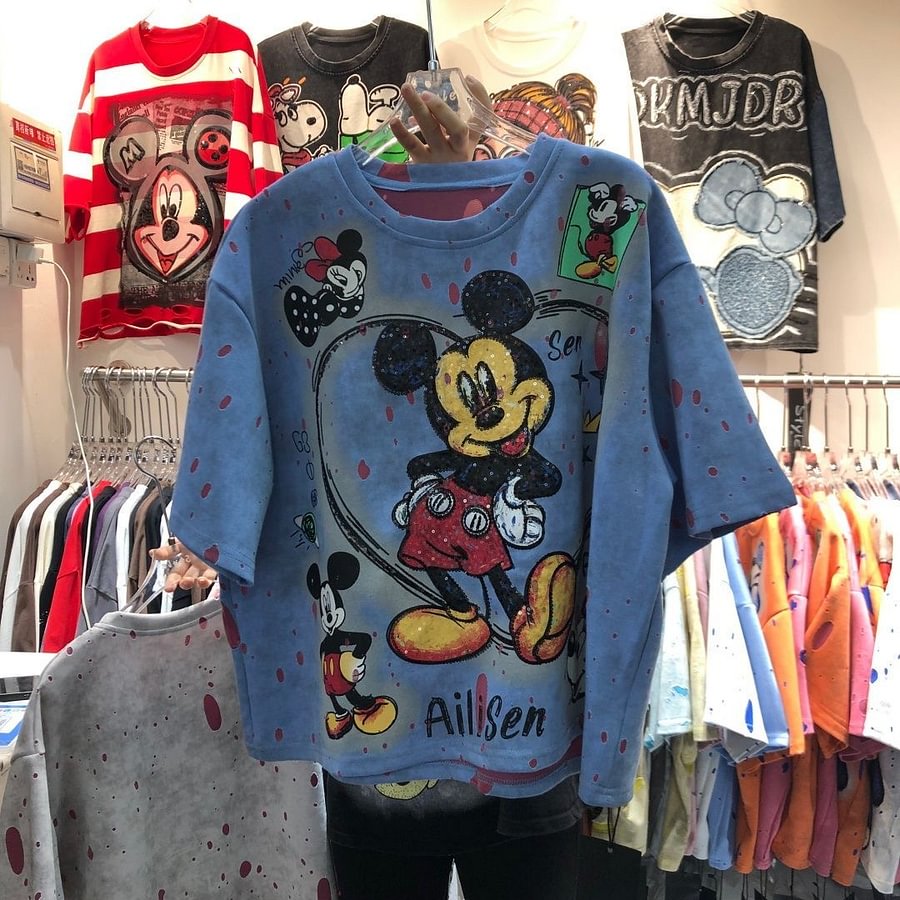 A163 - Mickey Mouse Sequin Cropped Tee - 320g Ultra-Heavyweight Premium Cotton - Boxy Fit Short Graphic T-Shirt