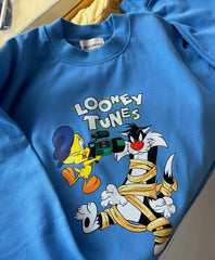 Vinesu A62 - Vintage Tweety & Sylvester Print Crewneck Sweatshirt | Loose Casual Fall/Winter Top